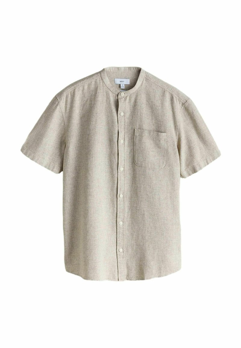 Short-sleeve button-up shirt in light beige fabric with a subtle texture. Features a stand collar and a patch pocket on the chest.