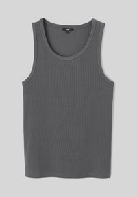 Débardeur gris sans manches en tissu côtelé. Il possède un col rond et un ourlet droit. La couleur est uniforme sur l'ensemble.