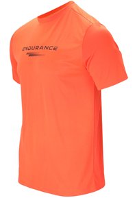 Oranssi lyhythihainen urheilupaita, jossa on pyöreä kaula-aukko. Rintamuksessa mustalla kirjoitettu "ENDURANCE". Liukas, kevyt kangas.