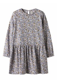 Kjole med blomstermønster, lange ermer, rund hals og et rynket skjørt. Fargene inkluderer lilla, blått, gult og brunt på en lys bakgrunn.