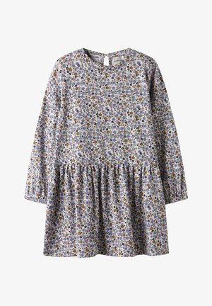 Lillemustriga kleit pikkade varrukatega, ümmarguse kaelusega ja kogutud seelikuga. Värvid on lillakas, sinine, kollane ja pruun helel taustal.