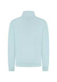 Lichtblauwe pullover met hoge kraag en lange mouwen. Voorzien van ribgebreide manchetten en zoom, gemaakt van zachte, gestructureerde stof. Minimalistisch ontwerp.