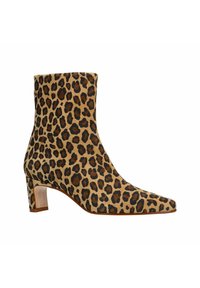 Stiefelette mit Leopardenmuster aus Wildleder, mit einer spitzen Zehenform und einem moderaten Blockabsatz in Beige mit glatter Textur.