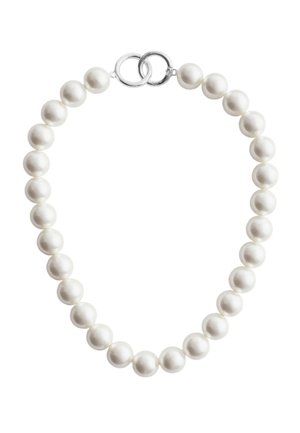 White pearl necklace featuring uniform, glossy pearls strung on a secure silver clasp. Minimalist design with smooth texture.