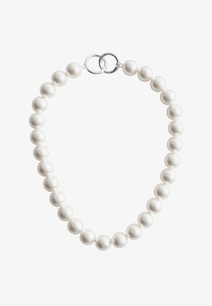 White pearl necklace featuring uniform, glossy pearls strung on a secure silver clasp. Minimalist design with smooth texture.