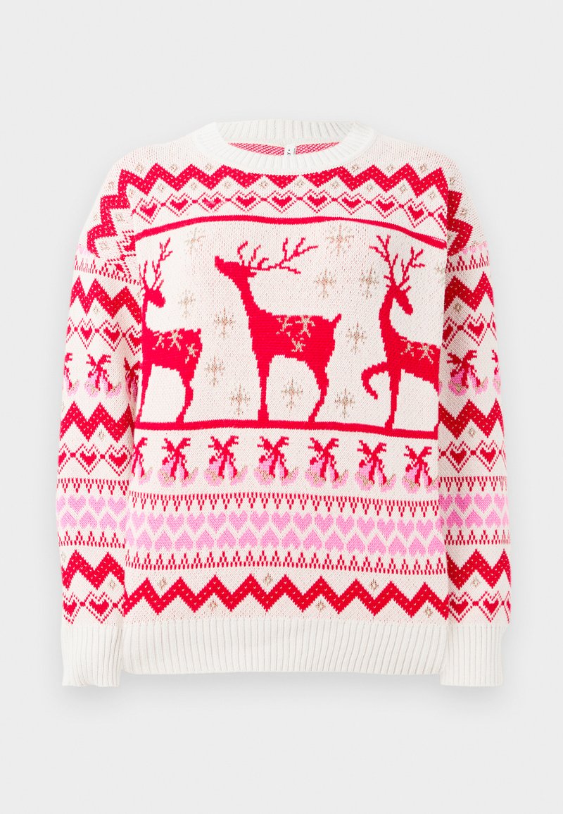 Jersey de punto en blanco con un patrón de renos en rojo y rosa, que presenta corazones y motivos en zigzag. Puños y dobladillo acanalados. Cuello redondo clásico.