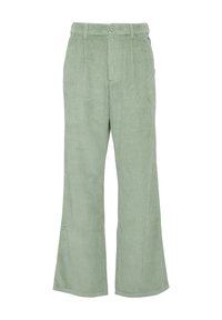 Lichtgroene corduroy flared broek met verticale groeven, een knoopsluiting aan de voorkant en een aangesloten taille. De stof heeft een zachte textuur.