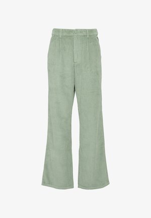 Lichtgroene corduroy flared broek met verticale groeven, een knoopsluiting aan de voorkant en een aangesloten taille. De stof heeft een zachte textuur.
