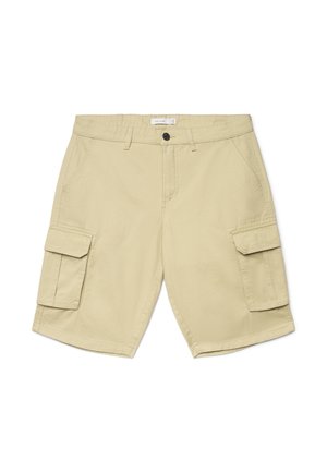 Beige Cargo-Shorts mit Gürtelschlaufen, vorderem Knopf und Reißverschluss, schrägen Seitentaschen sowie Klappentaschen an jedem Bein.