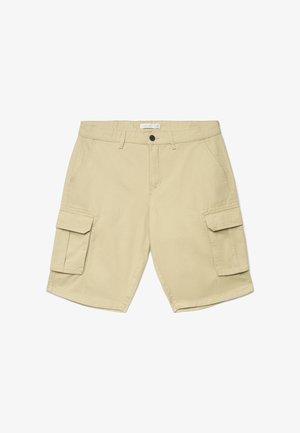 Beige Cargo-Shorts mit Gürtelschlaufen, vorderem Knopf und Reißverschluss, schrägen Seitentaschen sowie Klappentaschen an jedem Bein.