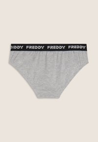 Slip in cotone grigio con elastico in vita nero con la scritta "FREDDY" in bianco. Texture liscia, vestibilità standard, design a vita media.