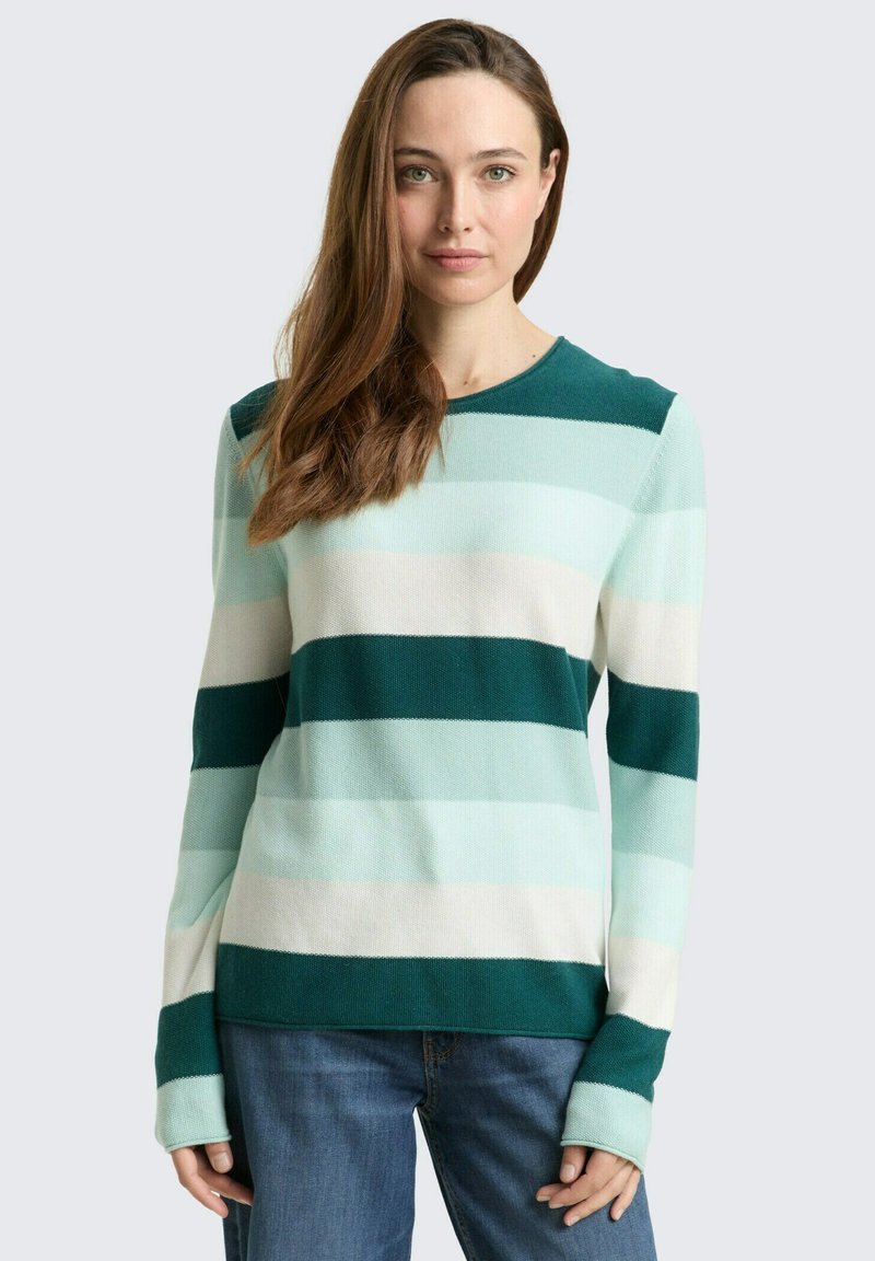 Gestreifter Pullover in Mint-, Türkis- und Cremefarben; mit langen Ärmeln, Rundhalsausschnitt und strukturiertem Strickstoff. Etwas lockere Passform.