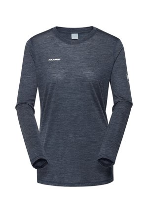 Dunkelgraues Langarmshirt mit Rundhalsausschnitt, auf der Brust mit dem "MAMMUT"-Logo und einem kleinen runden Logo am linken Ärmel.