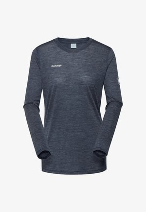 Dunkelgraues Langarmshirt mit Rundhalsausschnitt, auf der Brust mit dem "MAMMUT"-Logo und einem kleinen runden Logo am linken Ärmel.