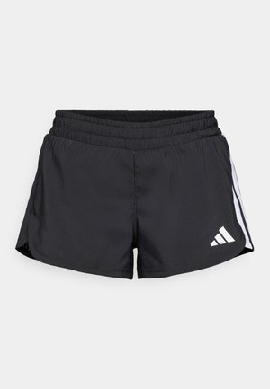 Svarta sportshorts med midjeband i elastiskt material, med vita sidoremsor och en vit logotyp på den nedre vänstra fållen. Slätt material.