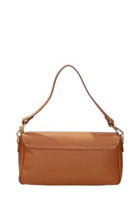 Borsa a mano in pelle marrone con una finitura testurizzata, un manico singolo e chiusura con zip. Presenta accessori in ottone dorato per un tocco di eleganza.