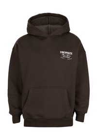 Hoodie marron en mélange de coton, avec une poche avant, des poignets côtelés et une capuche. Design en texte blanc sur la partie gauche de la poitrine.