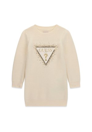Pull crème à manches longues avec poignets et bas côtelés, orné d'un logo GUESS en forme de triangle brodé en or et noir sur le devant.