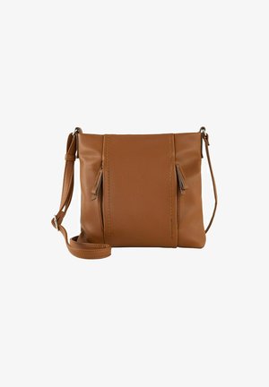 Sac en cuir brun à texture granuleuse, à porter en bandoulière avec une sangle réglable, doté de deux poches zippées à l'avant et d'un design minimaliste.
