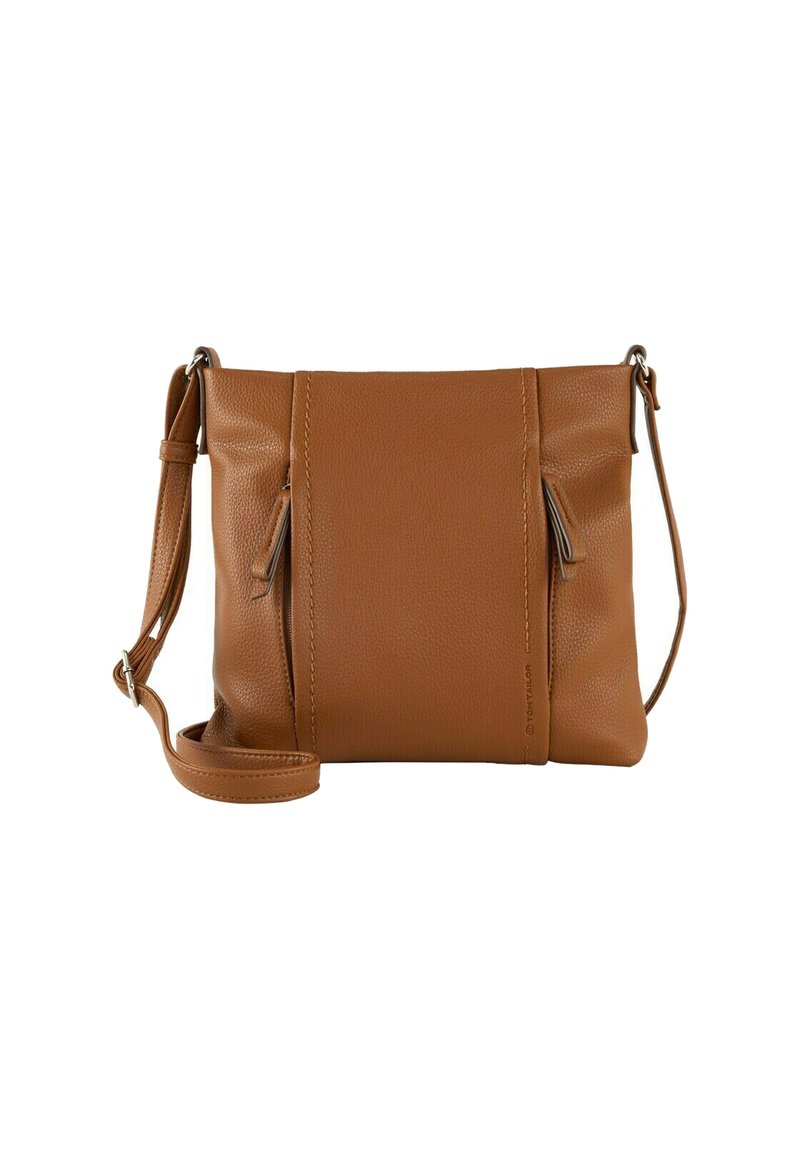 Sac en cuir brun à texture granuleuse, à porter en bandoulière avec une sangle réglable, doté de deux poches zippées à l'avant et d'un design minimaliste.