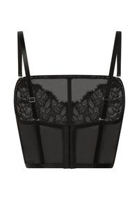 Zwarte lange kanten beha met verstelbare bandjes en sluitingen aan de voorkant met haak-en-oog, met gaas- en bloemenkantdetails.