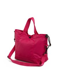 Rosa Nylon-Shopper mit zwei Griffen und einem verstellbaren Schultergurt. Mit Knopfverschluss und schwarzem Beschlag. Glatte Textur.