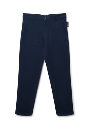 Dunkelblaue Hose aus einem weichen Stoff mit flachem Bund, zwei großen Fronttaschen und einem Reißverschluss mit Knopfverschluss.