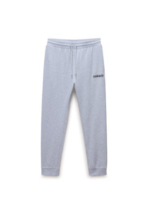 Pantalones deportivos gris claro con cintura elástica, cordones, puños en los tobillos y pequeño logo negro de Napapijri en la parte superior del muslo izquierdo.