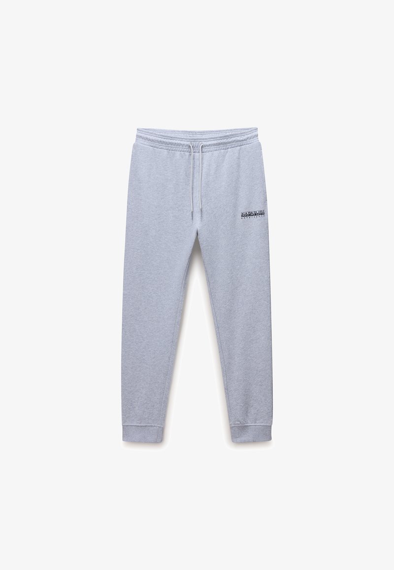 Jasnoszare spodnie dresowe z elastycznym pasem, sznurkami do ściągania, ściągaczami przy kostkach oraz małym czarnym logo Napapijri na górnej lewej stronie uda.