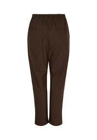 Brune, midt på læggen bukser med en glat tekstur, elastisk taljebånd og to baglommer. Simpelt design uden synlige mønstre eller accenter.