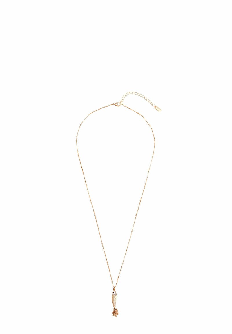 Collier en or avec une chaîne délicate, mettant en vedette un pendentif en forme de poisson orné d'une petite pierre précieuse et d'un accent floral à la base.