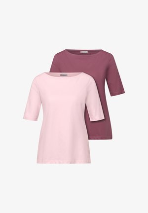 Set aus zwei Damenoberteilen mit Viertelärmeln und Bootsausschnitt, eines in Hellrosa und das andere in Mauve.