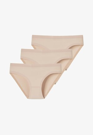 Trzy pary jasnobeżowej bielizny bikini o gładkiej fakturze, elastycznym pasku w talii i funkcjonalnym kroju dla komfortu i dopasowania.
