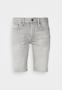 Gray denim shorts with a straight cut, five pockets, belt loops, and a zip fly. Distressed texture throughout adds subtle variations.