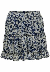Květinová sukně ve vrstvách se námorní modrým květinovým vzorem na světlém pozadí, elastickým pasem a volánkovým lemem. Vyrobeno z lehkého materiálu.