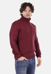 Maglione a collo alto in cable-knit bordeaux con un motivo testurizzato e polsini e orlo a coste, indossato con jeans blu.