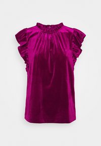 Hihaton violetti samettiblouse, jossa on rypytettyt olkainhihat ja rypytetty korkeakauluksinen kaulus, edessä rypytetty yksityiskohta.