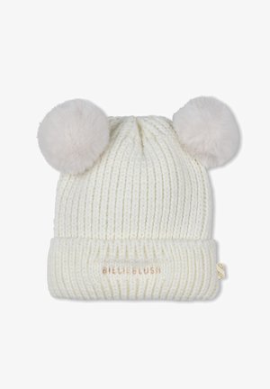 Weißer Strickbeanie mit zwei hellrosa Kunstfell-Pompoms oben, mit gerippter Struktur und einem umgeschlagenen Bündchen, das mit "BILLIEBLUSH" bestickt ist.