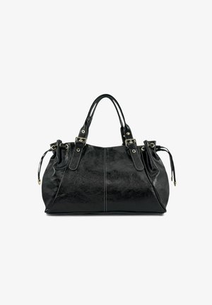 Sac à main en cuir noir avec deux poignées supérieures, doté de ferrures dorées, d'accents à cordon de serrage et d'une finition brillante. Détail subtil de coutures blanches.