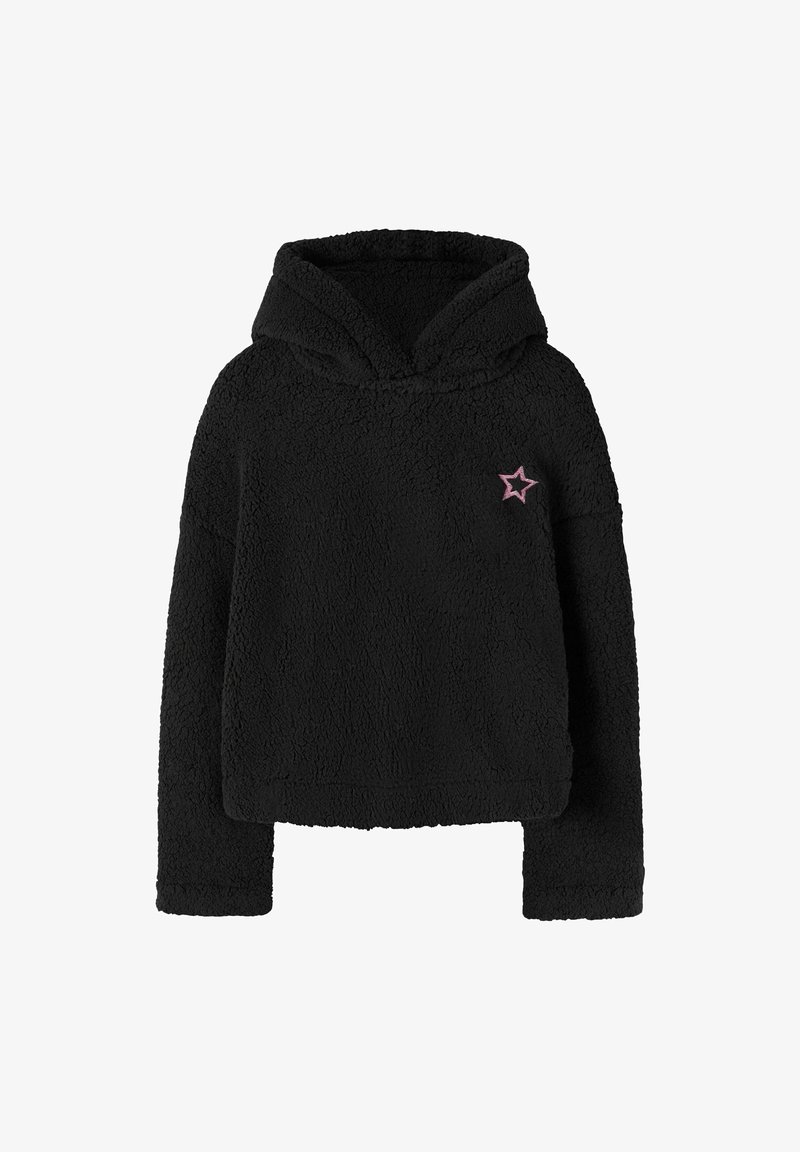 Pull à capuche noir en tissu pelucheux avec manches longues et petite broderie d'étoile rose en contour sur la poitrine gauche.