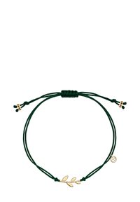 Zielony sznurkowy bransoletka z zawieszką w kształcie złotego liścia i małą złotą koraliką, regulowana za pomocą przesuwanych węzłów. Prosty wzór z naturalnymi motywami.