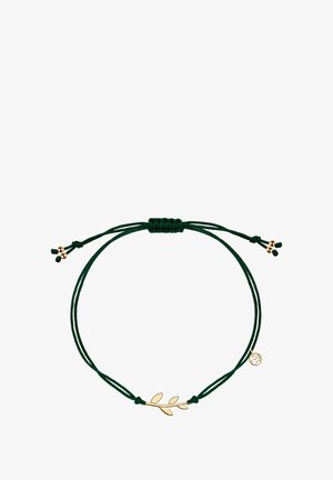 Zielony sznurkowy bransoletka z zawieszką w kształcie złotego liścia i małą złotą koraliką, regulowana za pomocą przesuwanych węzłów. Prosty wzór z naturalnymi motywami.
