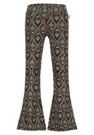 Uitlopende broek in een gedurfde, multikleurige patroon met druppelvormige figuren in blauw, groen en bruin, afgewerkt met een structuurstof.