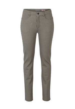 Grau gemusterte Hose mit schmaler Passform, ausgestattet mit zwei Vordertaschen, einem Knopfverschluss und einem strukturierten Stoffdesign.