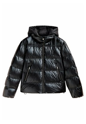 Black shiny puffer jacket with hood, front zipper, zippered side pockets, and horizontal quilting on body and sleeves.