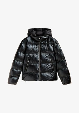 Black shiny puffer jacket with hood, front zipper, zippered side pockets, and horizontal quilting on body and sleeves.