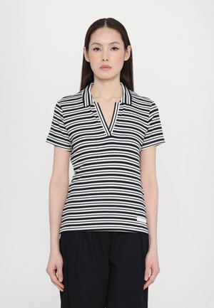 Polo majica s prugicami, z V-izrezom, kratkimi rokavi, izdelana iz lahkotnega materiala v temno modri in beli barvi z teksturiranim zaključkom.