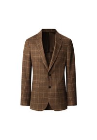 Brauner karierter Blazer aus strukturiertem Stoff mit Reverskragen, zwei Knöpfen und zwei Fronttaschen. Die Innenauskleidung ist dunkelbraun.