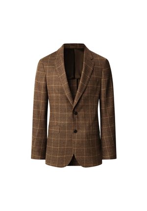 Blazer à carreaux marron en tissu texturé, avec un col cranté, deux boutons et deux poches avant. La doublure intérieure est marron foncé.