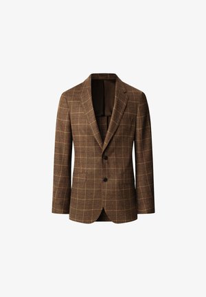 Blazer a cuadros marrones hecho de tejido texturizado, con solapas de muesca, dos botones y dos bolsillos frontales. El forro interior es de color marrón oscuro.